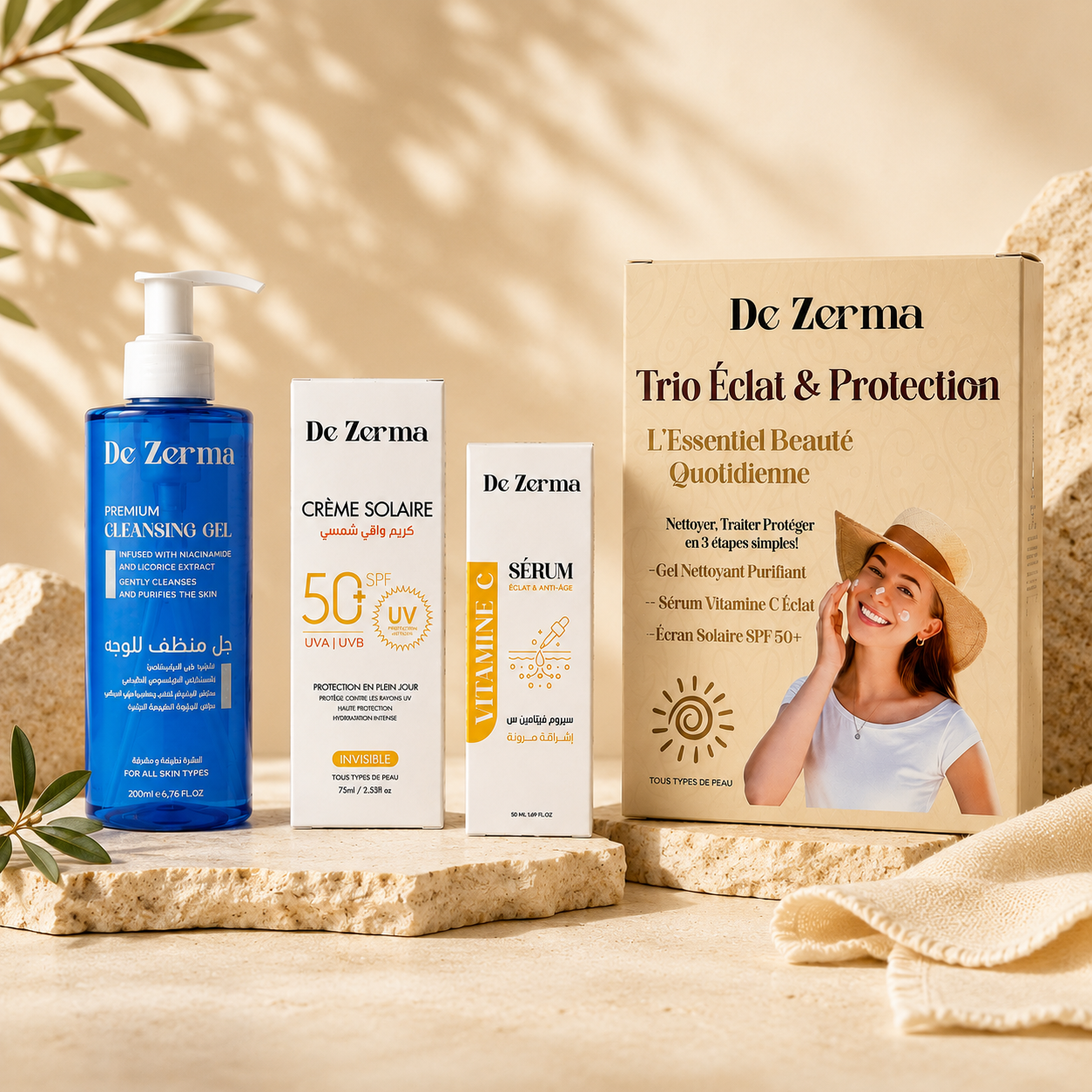 Pack dezerma, Écran Solaire Invisible – Gel Nettoyant – Sérum